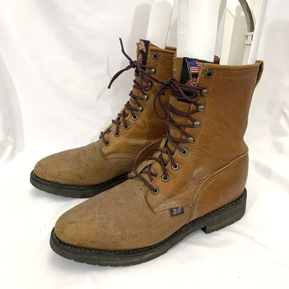 Justin Original Brown Leather 0762 Soft Toe Lace Up Work Boots Men’s Size 11 D